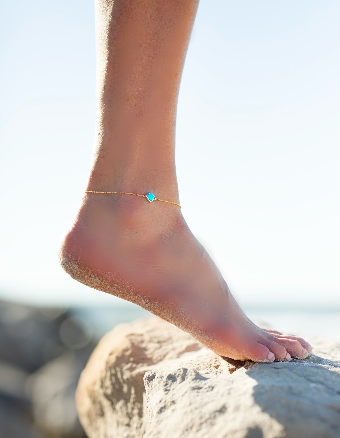 Turquoise Wave Charm Anklet - 14K Gold Plated 925 Silver